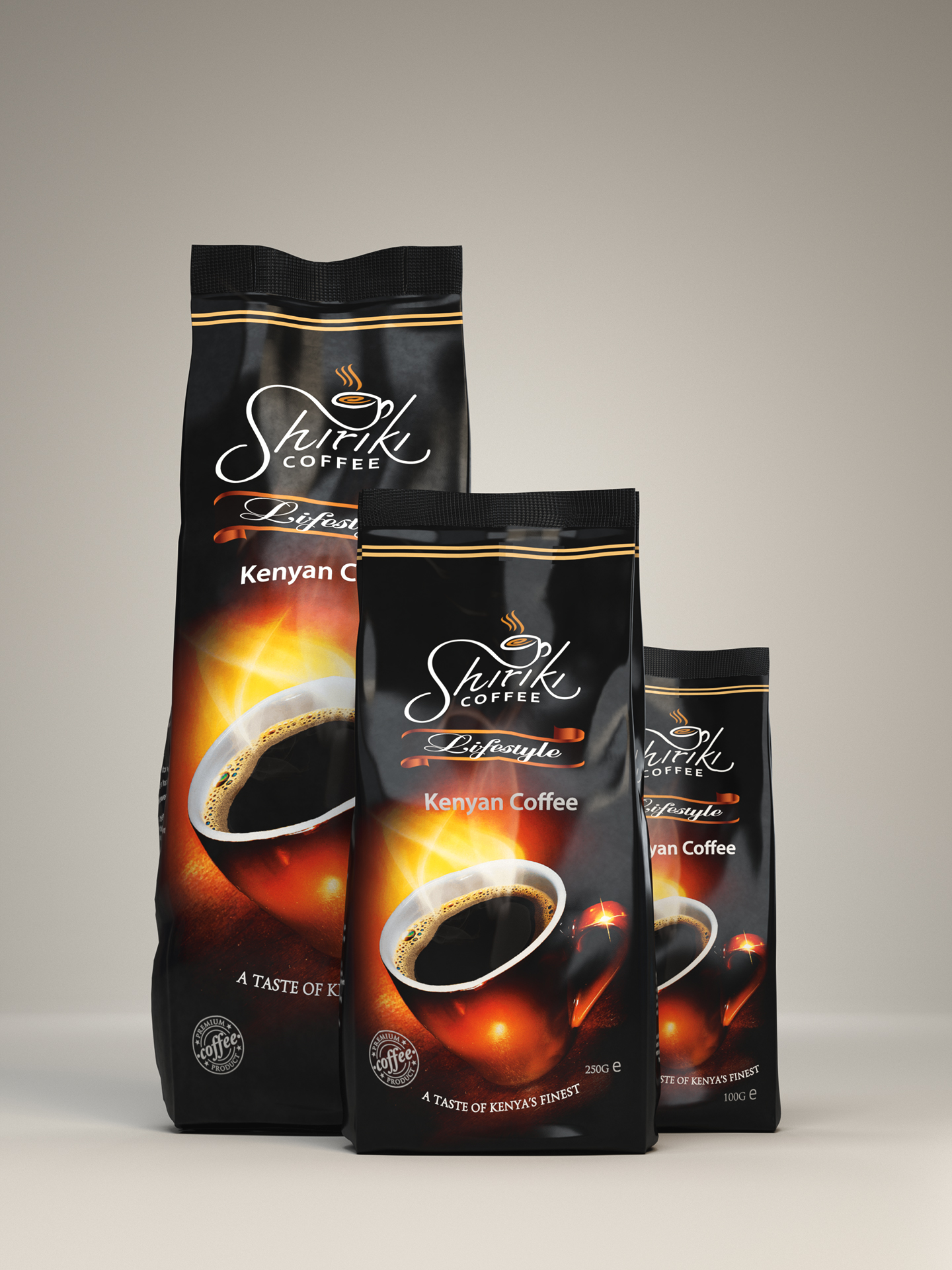 Shiriki brewed Coffee Lifestyle Trio - 3d product renders -3d design - epic animation studios kenya